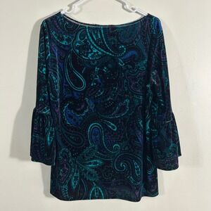 Tiana B Paisley Velvet Top Womens Large Teal Purple Bell Sleeve Made in USA